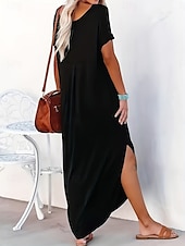 abordables Robe blanche-Femmes Robe maxi Robe d&#039;été Occasionnel Quotidien Coupe régulière Uni Manche Courte Col en V Noir Rose Claire Vert Été