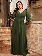 preiswerte GRÜN-A-Linie Abendkleid Elegantes Kleid Formelles Hochzeitsbodenlänges Lange Ärmel V-Ausschnitt Chiffon V-Rücken mit Falten
