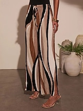 preiswerte weites Bein und hohe Taille-Damen Weites Bein Stoffhosen Streetwear Lässig Volle Länge Natürliche Taille Geometrie Elastisches Kordelzugdesign Bequem Außenbereich Urlaub Ausgehen Braun Herbst Normale Passform