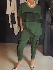 ieftine Costume de bluză de damă-Pentru femei Modă Șic Stradă Zilnic Seturi de pantaloni Manșon Jumate Rotund Dungi Imprimeu Casual Zilnic Negru Alb Mov Vară Fit regulat