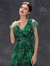 economico BLU-Abiti Quinceanera A-Line abito elegante formale lungo senza maniche scollatura a V in chiffon con stampa floreale