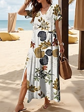 ieftine Rochii florale-Pentru femei Rochie Maxi Rochie casual Rochie de Vară Rochie A line Elegant Vacanță Casual Plajă Fit regulat Floral Grafic Frunză Manșon scurt În V Negru și Alb Galben Roșu-aprins Albastru piscină