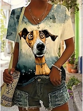 abordables T-shirt Animaux-Femmes T-shirt Graphique Animal Chien ancien Élégant Classique Manche Courte Col en V Hauts Réguliers Quotidien Sortir Week-end Imprimé Blanche Jaune Blanc Ecru Été Printemps