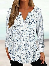 billige Tunika topper-Kvinne Tunika Skjorte Henley Skjorte Bluse Tunika Basic Blomster Knappe Print Lang Erm Regular Tops Rund Hals Casual Ferie Gul Rosa Grønn Grå Lys Blå Vår  Høst