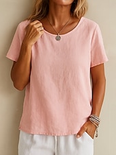abordables Chemises-Femmes Chemise Haut en Coton Blanc Couleur Unie Élégant ancien Basique Manche Courte Col ras du cou Hauts Réguliers Quotidien Sortir Week-end Blanche Jaune Rose Claire Violet Vert Été Printemps
