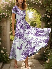 preiswerte Blumenkleider-Damen Maxikleid Freizeitkleid A Linie Kleid Sommerkleid Elegant Urlaub Lässig Normale Passform Grafik Blatt Vogel Kurzarm Quadrathals Rundausschnitt Schwarz und Weiß Gelb Rote Blau Sommer Herbst