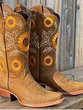preiswerte Cowboy &amp; Western Stiefel-Damen Western Cowboystiefel mit Sonnenblumenstickerei – Vintage Kunstleder Festivalstiefel mit Gürteldetail für Musikfestivals und Freizeit