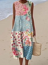 abordables Robes fleuries-Femmes Robe Midi Robe d&#039;Été Robe fourreau Robe trapèze Vacances Occasionnel Boho Soirée Sortir Plage Coupe Ample Fleuri Graphique Sans manches Col Rond Bleu Ciel Blanc et Violet Rose Claire Bleu Ét