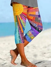 cheap Art&amp;Design Print-Women&#039;s Leggings Capri Pants High Elasticity Vacation Fashion Hawaiian Calf-Length Mid Waist Graphic Patchwork Printing Breathable Soft  Vacation Casual Daily Rainbow Summer Spring Regular Fit