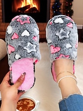 cheap Women&#039;s Slippers &amp; Flip-Flops-Women&#039;s Fuzzy Star Print Indoor Slippers – Cozy Faux Fur Winter House Shoes for Living Room, Bedroom &amp; Holiday Mornings