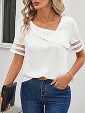 billige Plain t-skjorte-Dame Bluse Helfarge Stilfull Moderne Fritid Kortermet V-hals Vanlige topper Daglig Netting Lapper Hvit Sommer Vår