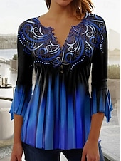 billiga Blommiga toppar-Kvinnors Blus V-hals Ombre Floral Graphic Elegant 3/4 Längd Ärm Vanliga Topp Daglig Ute Knappar Gräsgrön Svart och grå Blå Lila Grön Sommar Vår Höst