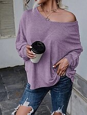 abordables Hauts Unis pour Femmes-Femmes Chemisier Uni Occasionnel manche longue Col en V Hauts Réguliers Quotidien Fête Sortir Ourlet asymétrique Bleu Poudré Violet Bleu clair Été
