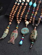 abordables Bijoux pour hommes-Collier pendentif en perles tribales pour homme – perles ethniques en bois faites à la main avec des accents turquoise, style bohème pour une tenue décontractée, de yoga, de méditation ou de festival