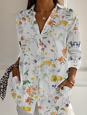 voordelige Bloemen tops-Dames Overhemd Bloemig Actief Dagelijks Stijlvol Lange mouw Overhemdkraag Normale tops Dagelijks Feestdagen Knop Afdrukken Wit Blozend Roze Marineblauw blauw Groen Lente Herfst