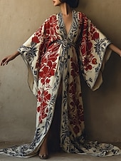 abordables Robes Bohémiennes-Femmes Robe Longue Maxi Robe Robe Décontractée Robe évasée Robe d&#039;été Mode Moderne Quotidien Fête Plage Coupe régulière Fleuri manche longue Col en V Vin bleu marine Bleu Violet Été Printemps