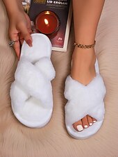baratos Chinelos de mulher-chinelos femininos com tiras cruzadas e felpudas – chinelos macios e felpudos para ambientes internos, para quarto, spa em casa e noites aconchegantes