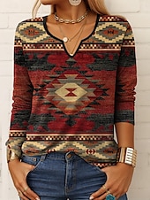 billige Boho t-skjorte-Dame T skjorte Grafisk Geometrisk Årgang Stilfull Klassisk Langermet Hals med hakk Vanlige topper Daglig Helg Trykt mønster Rød Blå Lilla Grønn Vår Høst