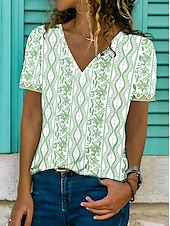 abordables T-shirt floral-Femmes T-shirt Fleuri Graphique Plantes Bohème ancien Élégant Manche Courte Col en V Hauts Réguliers Quotidien Sortir Week-end Imprimé Vert Claire Rose Claire Vert Été