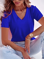 abordables T-shirt uni-Femmes T-shirt Couleur Unie Mode Élégant Classique Manche Courte Col en V Hauts Réguliers Quotidien Week-end Noir Vin Rouge Bleu Fuchsia Été