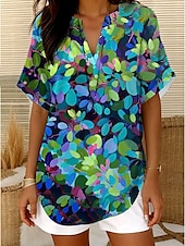 cheap Stripe&amp;Geometric Tops-Women&#039;s Blouse Floral Graphic Striped Elegant Daily Casual Sleeveless Short Sleeve V Neck Notched Neck Regular Tops Daily Holiday Going out White Yellow Blue Khaki Summer Spring