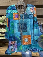 voordelige Vrouwen&#039;s Kunst &amp; Design Tops-Dames Overhemd Ruitjes Stijlvol 3/4 mouw Strakke ronde hals Normale tops Dagelijks Feestdagen Afdrukken blauw Paars Groen Zomer