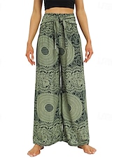 baratos perna larga e cintura alta-Mulheres Perna larga Calças Casual Boho Comprimento total Cintura Alta Imprimir Bolsos Design de cordão elástico Respirabilidade Macio Micro-Elástica Férias Rua Roupa Diária Vermelho Verde Verão