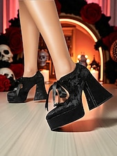 economico Per le donne-Scarpe con plateau in velluto in stile vittoriano gotico del XIX secolo da donna - décolleté mary jane bordeaux con rifiniture in pizzo e nastro per Halloween, cosplay e moda lolita