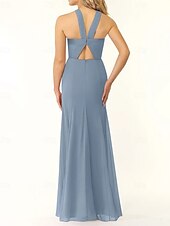 baratos Vestidos para Madrinhas-Vestido de dama de honra sereia/trompete, decote halter, sem mangas, elegante, longo, chiffon, com fenda frontal 2025