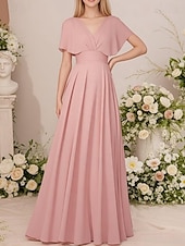 billiga Bröllopsgästklänningar-A-linjeade Bröllopsgäst Klänningar Elegant Klänning Bröllopsgäst Förlovning Golvlängd Kort Ärmar V-hals Chiffong med Fållar Draperad