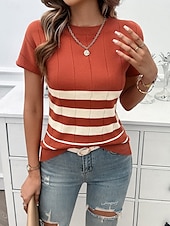 billige Grafiske mønstre og detaljer-Dame Bluse Stripet Stilfull Fritid Kortermet Crew-hals Vanlige topper Daglig Lapper Svart Hvit Brun Kakifarget Sommer