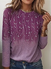 preiswerte Blumen-T-Shirt-Damen T-Shirt elegant Mode Basic Blumendruck Langarm Normal Oberteile Rundhals Urlaub Wochenende Blau Fuchsia Grau Hellblau Herbst&amp;amp; Winter