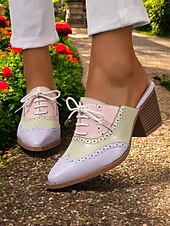 abordables Années 1950-Mules à talons Oxford colorblock pour femmes – chaussures brogues rétro à bout golf pour les amatrices de vintage, les tenues de bureau et les sorties décontractées