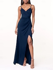 cheap Bridesmaid Dresses-A-Line Bridesmaid Dress V Neck / Spaghetti Strap Sleeveless Elegant Floor Length Charmeuse with Split Front / Ruching