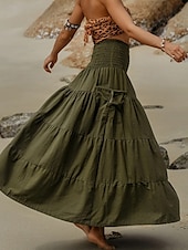 abordables Jupes unies-Femmes Jupe Évasé Occasionnel Maxi Taille Basse Jupes Uni Froncé Micro-Élastique Vacances Rue Noir Blanche Jaune Vert Véronèse Automne Coton