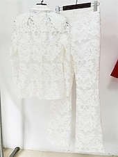 baratos Terninhos de calça da mamãe-Conjunto de Calças Vestido da Mãe da Noiva Vestido Elegante Colarinho de Camisa Comprimento do Tornozelo Renda Mangas Longas com Cor Sólida