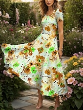abordables Robes fleuries-Femmes Robe maxi Robe Décontractée Robe trapèze Robe d&#039;été Élégant Vacances Occasionnel Coupe régulière Fleuri Graphique Manche Courte Col carré Jaune Rouge Bleu Violet Été Automne