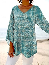 levne Dámské boho topy-Dámské Halenka Grafika Kašmírový vzor Havajské stylové Na běžné nošení 3/4 délka rukávu Do V Běžné topy Denní Dovolená Jdeme ven Tisk Vodní modrá Fialová Trávová zelená Léto Jaro Podzim