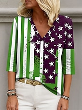 cheap Independence Day Top-Independence Day Women&#039;s Patriotic Fourth of July Blouse Graphic Flag Elegant Stylish Casual 3/4 Length Sleeve V Neck Regular Tops Daily Holiday Going out Print Navy Blue Summer Spring