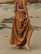 abordables Jupes unies-Femmes Jupe Évasé Occasionnel Maxi Taille Basse Jupes Uni Froncé Micro-Élastique Vacances Rue Noir Blanche Jaune Vert Véronèse Automne Coton