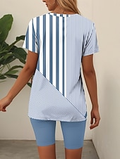 abordables Ensembles courts pour femmes-Femmes Mode T-shirt Ensembles de Shorts Manche Courte Col en V Graphique Rayé Imprimé Décontracté Quotidien Bleu Violet Vert Été Coupe Ample