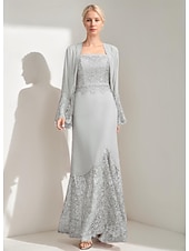 cheap With Jacket-A-Line 3 Piece Mother of the Bride Dress Elegant Simple Casual Square Neck Floor Length Chiffon Sleeveless Long Sleeve Lace with Jacket