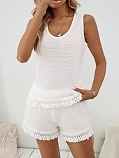 cheap Women&#039;s Blouse Suits-Women&#039;s Daily Shorts Sets Sleeveless U Neck Solid Color Tassel Fringe Casual Daily Weekend White Summer Regular Fit