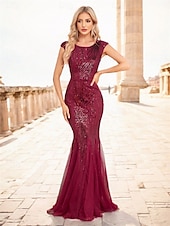 baratos Semi-formal / Cocktail-Vestidos de Quinceanera Elegantes Sereia  Trompete para Casamento Formal Comprimento Total Sem Mangas Decote Barco em Poliéster com Lantejoulas