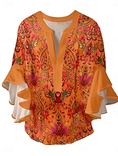 abordables Tops Boho-Mujer Blusa Volante Estampado Floral Elegante Moderno Manga 3/4 Escote en Pico Tops regulares Diario Festivos Azul Piscina Rosa Naranja Verde Trébol Verano