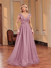economico BLU-Abiti per Quinceanera A-Line elegante abito formale per matrimonio lunghezza del pavimento senza maniche scollo a V tulle con schiena a V e paillettes