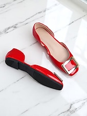 tanie Buty na płaskim obcasie damskie-damskie czarne lakierowane baleriny ze złotą klamrą, elegancki kwadratowy nosek, buty wsuwane do biura i na co dzień