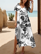 ieftine Rochii florale-Pentru femei Rochie Maxi Rochie casual Rochie de Vară Rochie A line Elegant Vacanță Casual Plajă Fit regulat Floral Grafic Frunză Manșon scurt În V Negru și Alb Galben Roșu-aprins Albastru piscină