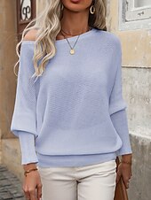 ieftine Culori Solide-Pentru femei Pulover Plover Șic Stradă Casual Culoare solidă Striat De Pe Umăr Tricotat Manșon Lung Topuri obișnuite Tricotat Ieșire Sfârșit de săptămână Alb Mov Toamnă