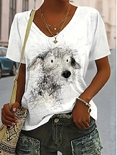 abordables T-shirt Animaux-Femmes T-shirt Graphique Animal Chien ancien Élégant Classique Manche Courte Col en V Hauts Réguliers Quotidien Sortir Week-end Imprimé Blanche Jaune Blanc Ecru Été Printemps